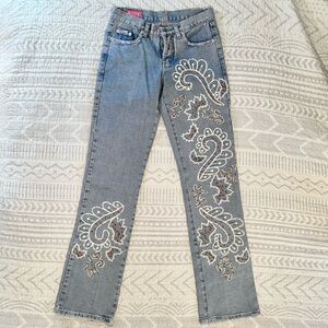 Distressed Blue Straight Leg Button Jeans with Paisley Embroidered Design - OOAK